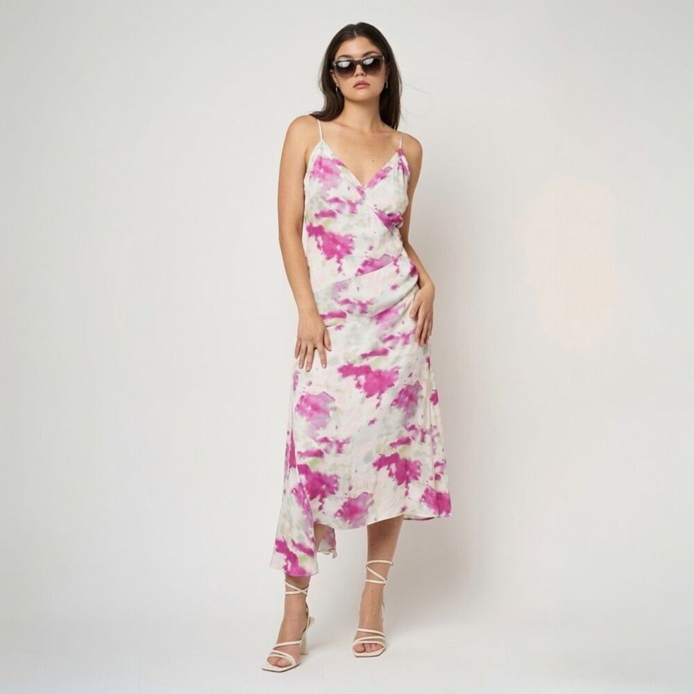 NWT Joie Pink Watercolor Tie Dye Asymmetrical Slip Midi Dress 8 Wedding Sun Boho